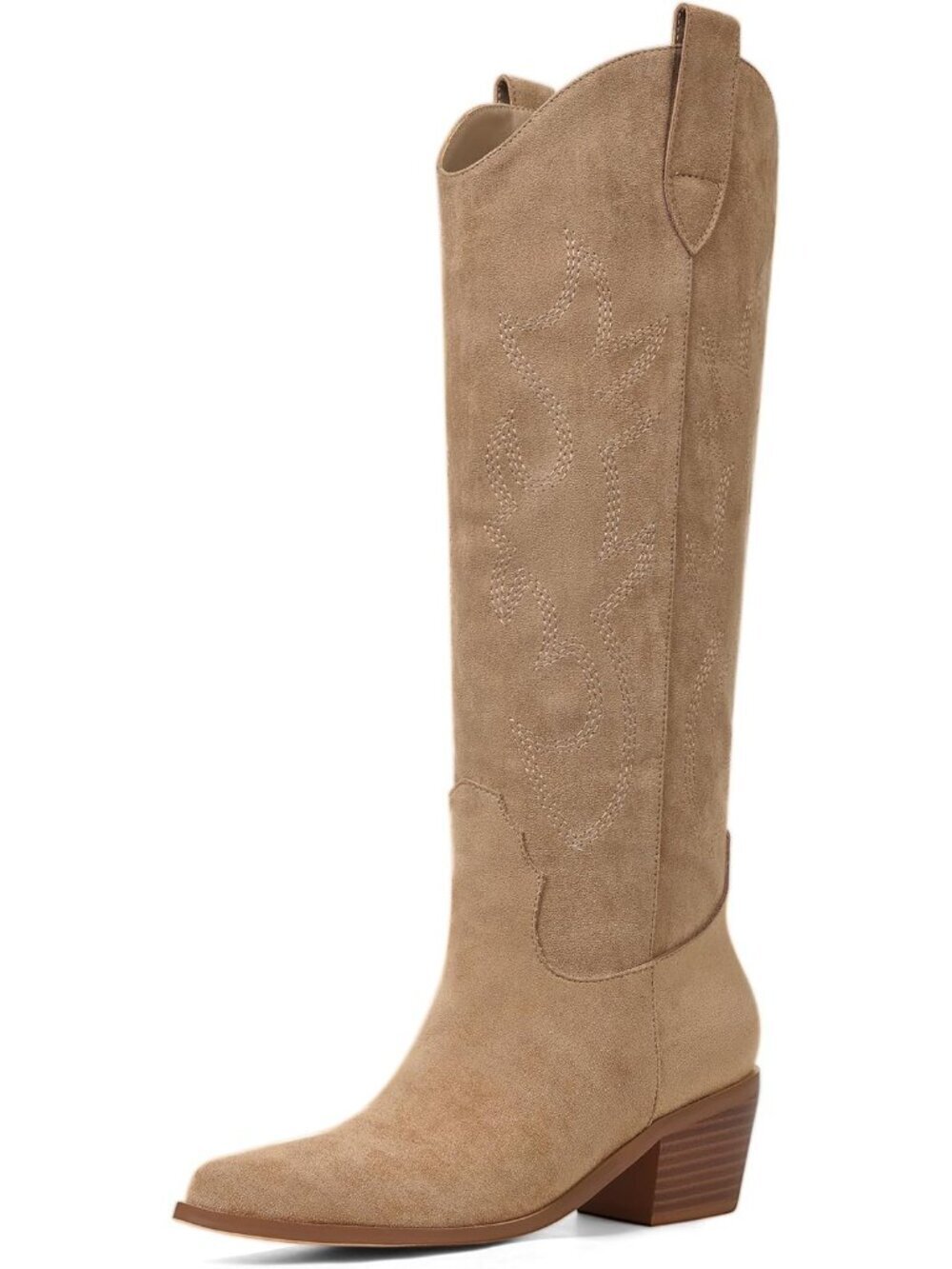 Women's Brownish Knee High Wide Calf Cowgirl Boots with Embroidered Pull On - Picture 1 of 5